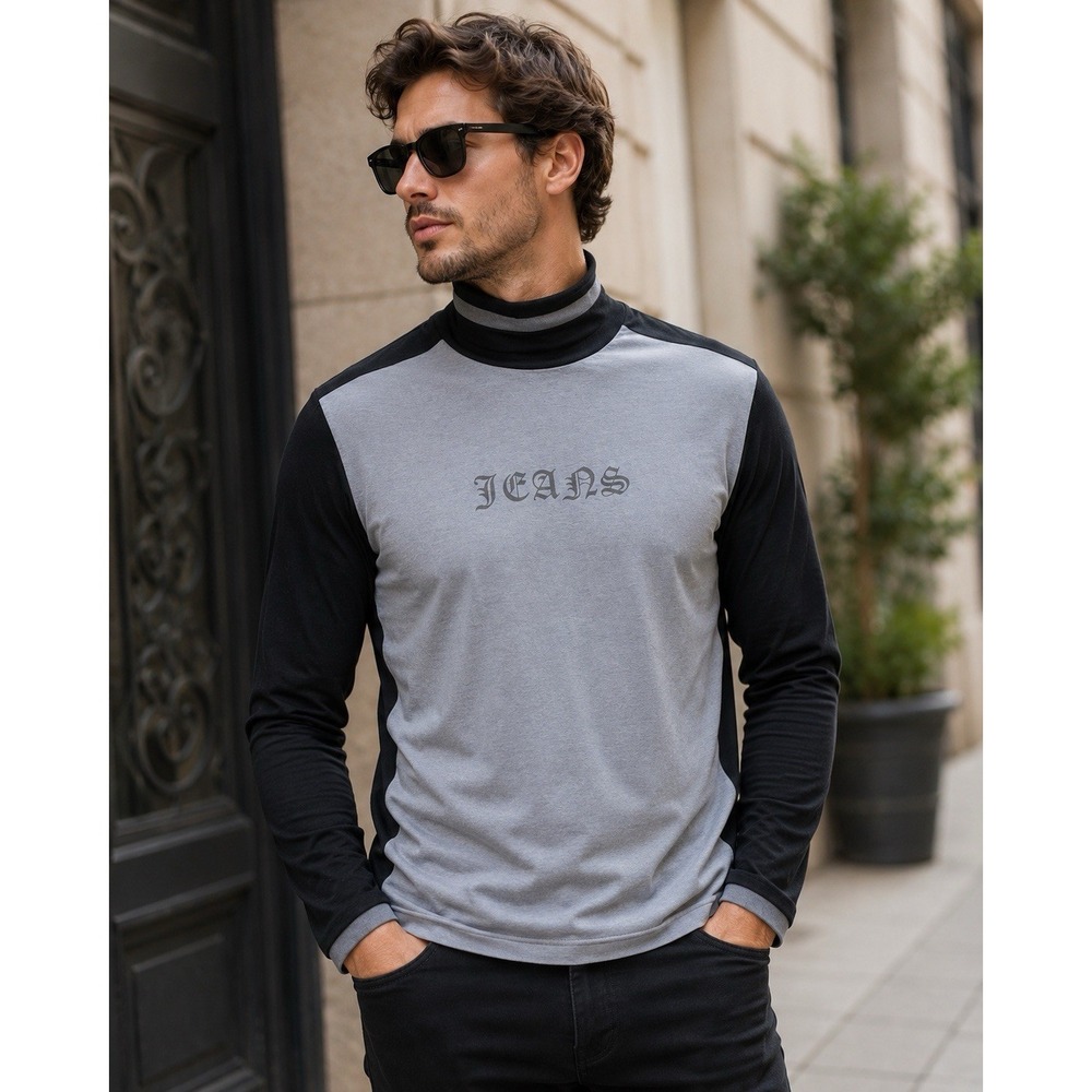 Versace Jeans Couture Mock Neck Long Sleeve Shirt Gray Black XXL Made in Italy